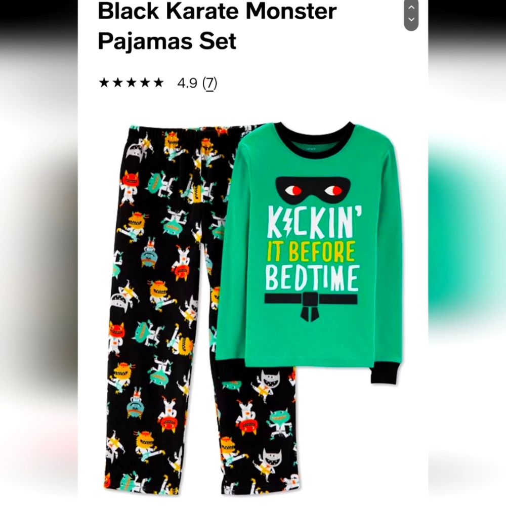 Carter's black karate monster pajama Coord set size 6